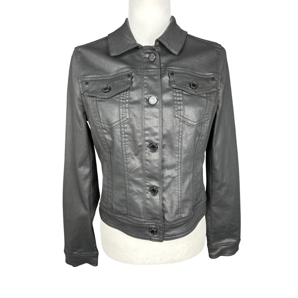 White House Black Market Womens Coated Metallic Denim Jacket Black Size 6 - Picture 2 of 11